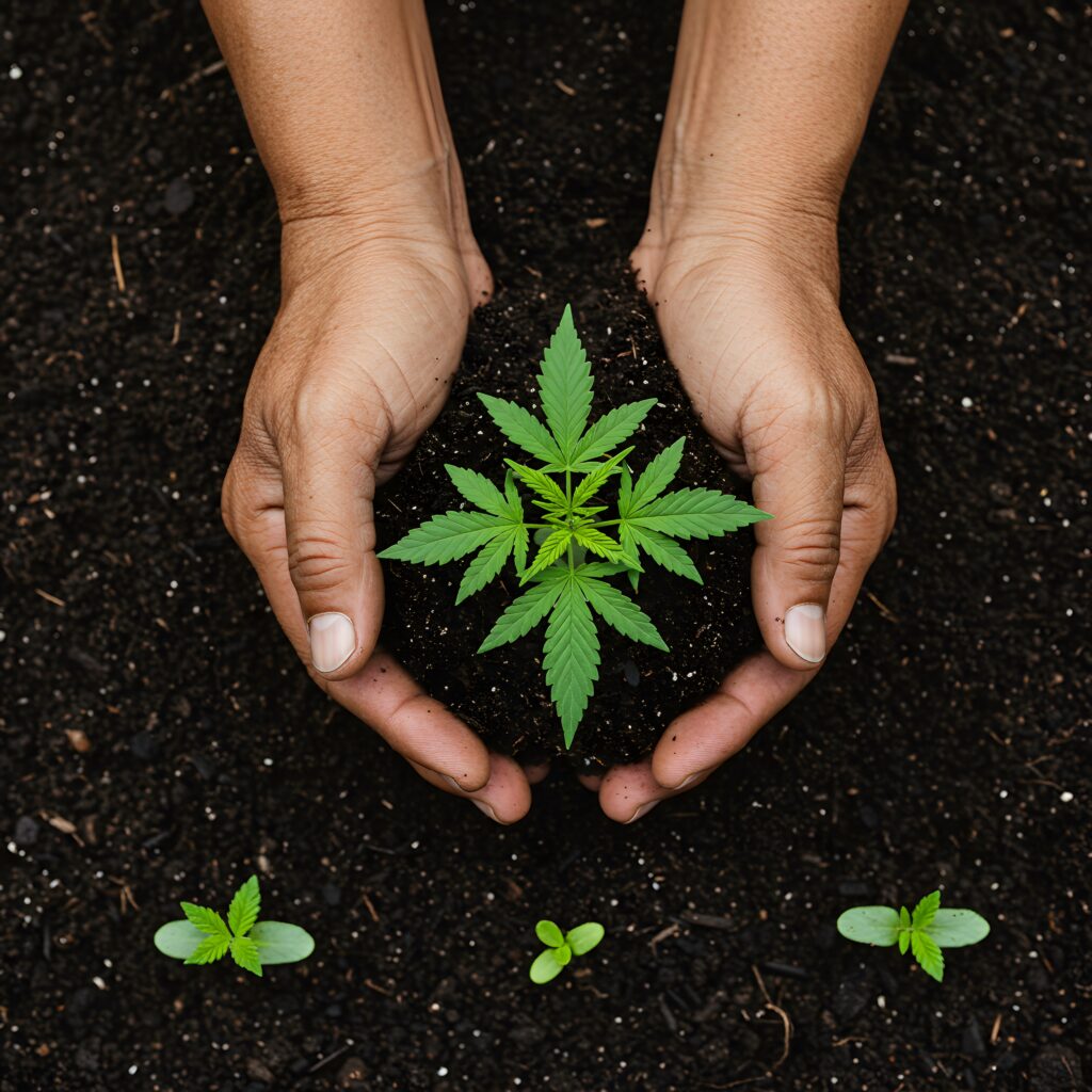 Hands cupping a cannabis seedling, symbolizing growth and care